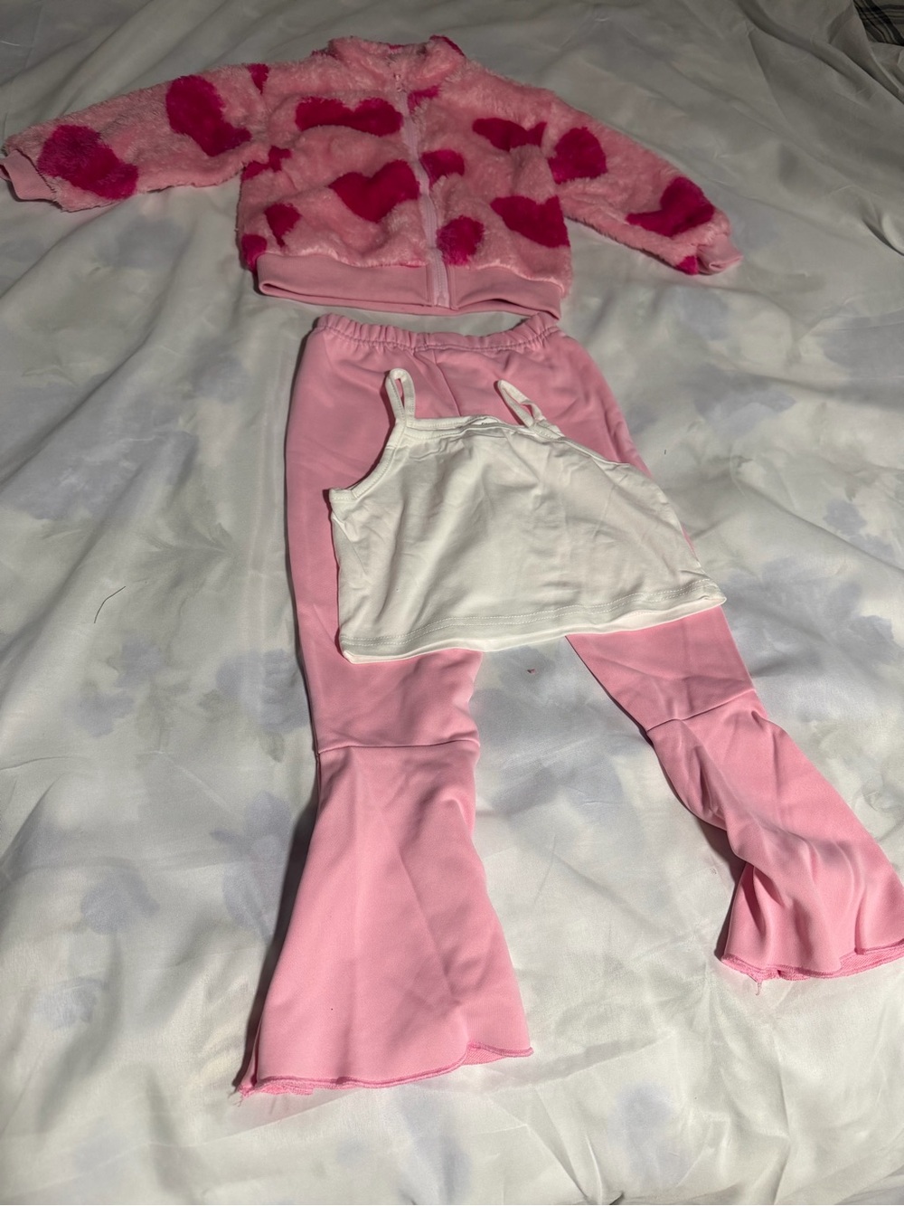 Pink Heart Fuzzy Jacket & Pink Flare Pants Kids Costume Set